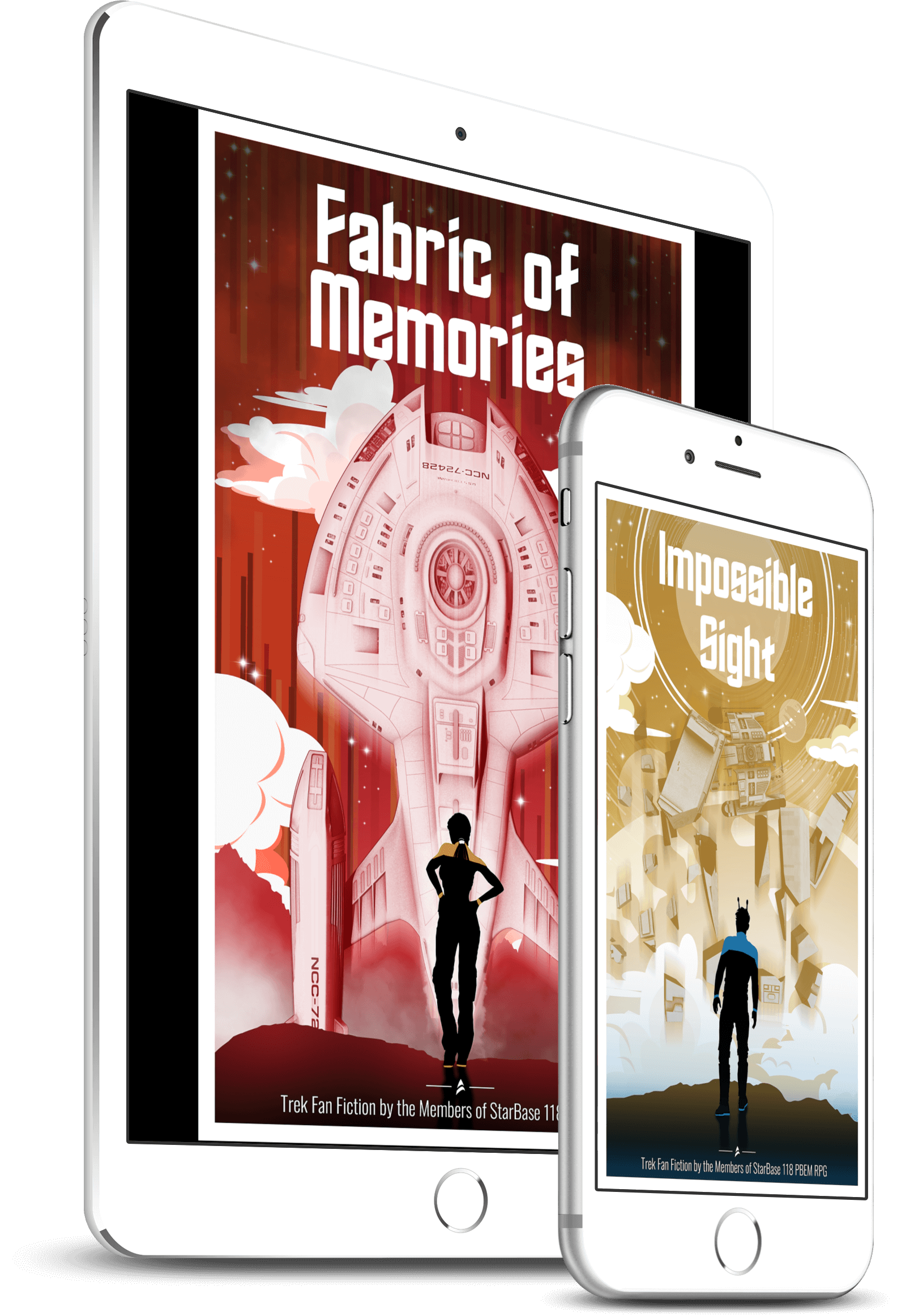 A tablet and a smartphone with two book covers.